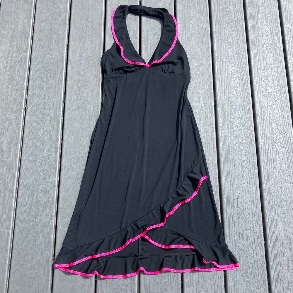 Black halter dress with pink ruffle trim, asymmetric hem, vintage 90s Y2K 2000s